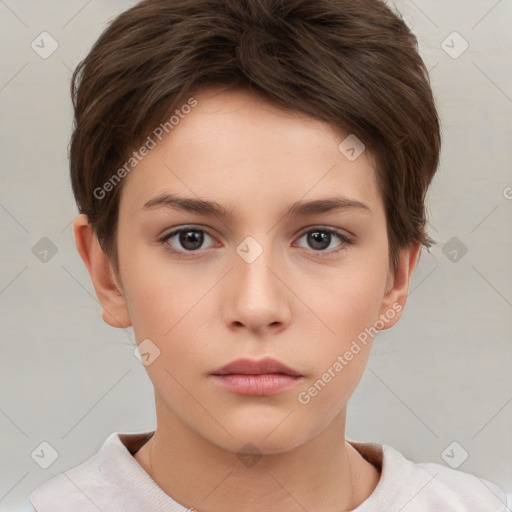 Neutral white young-adult female with short  brown hair and brown eyes