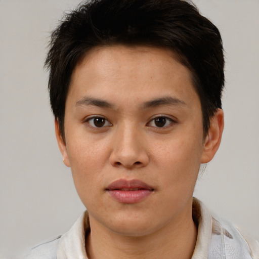 Neutral white young-adult female with short  brown hair and brown eyes