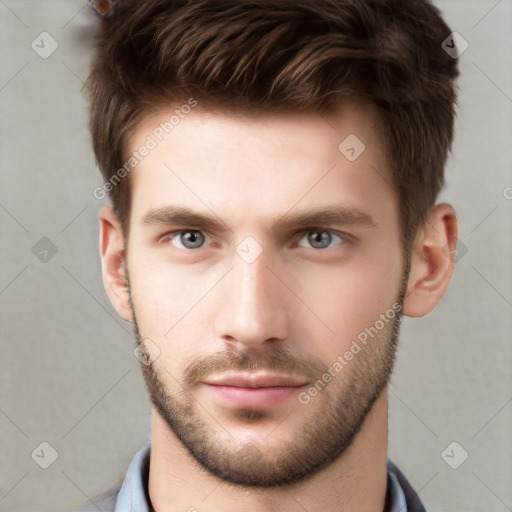 Neutral white young-adult male with short  brown hair and grey eyes