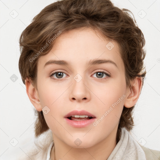 Joyful white young-adult female with medium  brown hair and green eyes