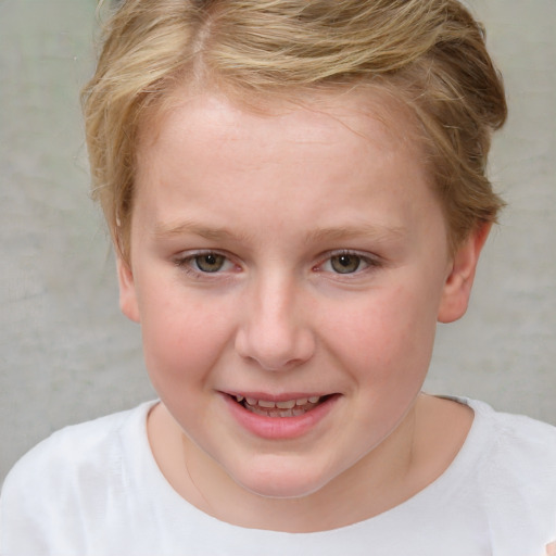 Joyful white child female with short  brown hair and blue eyes