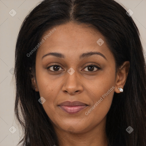 Joyful latino young-adult female with long  brown hair and brown eyes