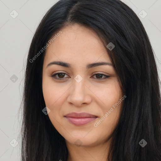 Joyful latino young-adult female with long  black hair and brown eyes