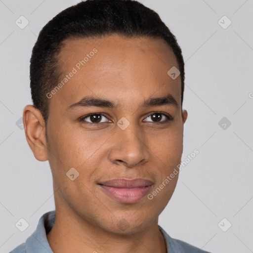 Joyful latino young-adult male with short  brown hair and brown eyes