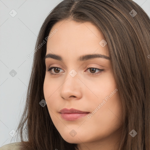 Neutral white young-adult female with long  brown hair and brown eyes