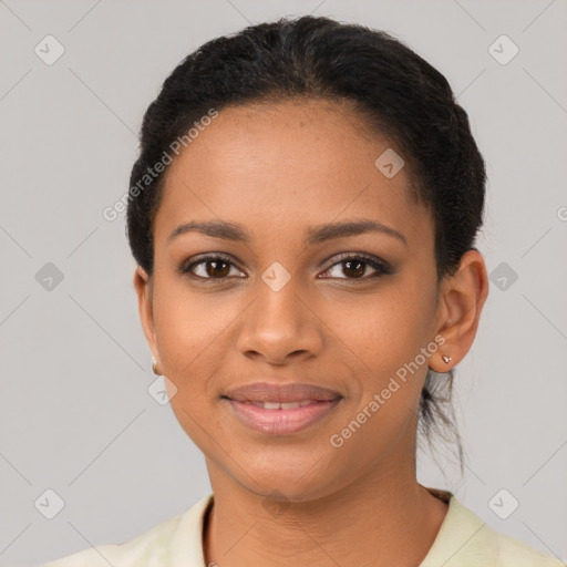 Joyful latino young-adult female with short  black hair and brown eyes