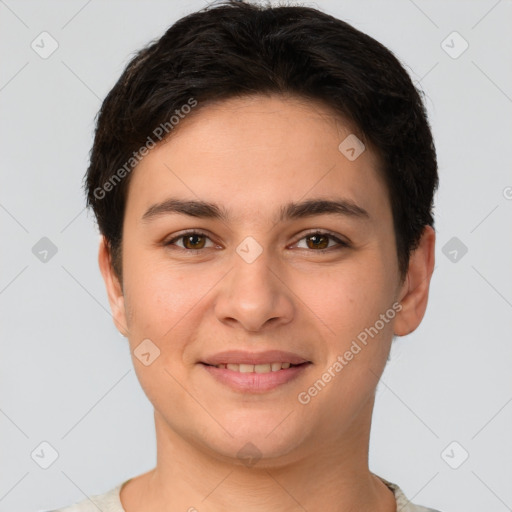 Joyful white young-adult female with short  brown hair and brown eyes