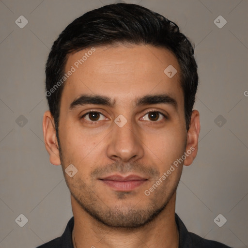 Neutral latino young-adult male with short  black hair and brown eyes