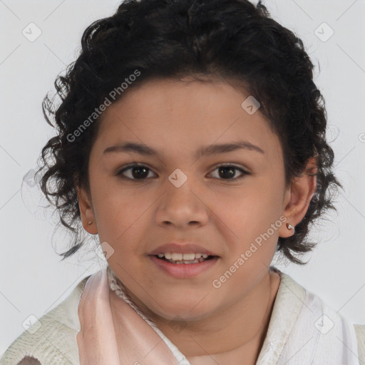 Joyful latino child female with short  brown hair and brown eyes