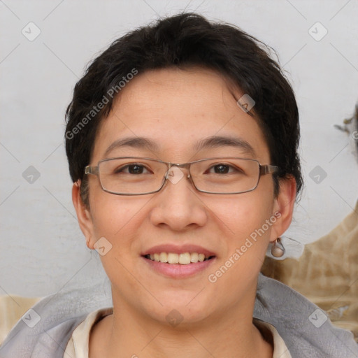 Joyful white adult female with short  brown hair and brown eyes