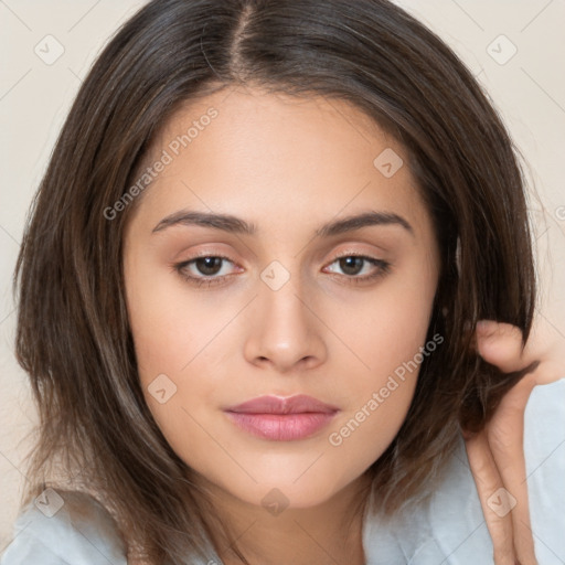 Neutral white young-adult female with medium  brown hair and brown eyes