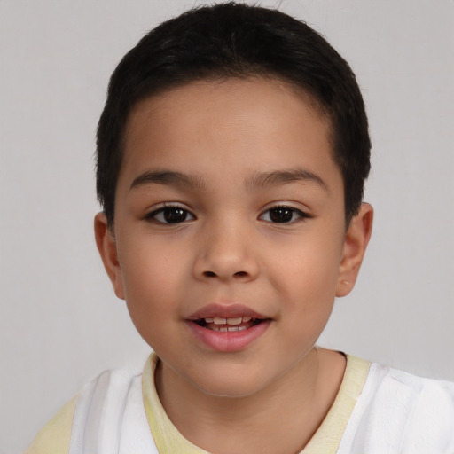 Joyful white child female with short  brown hair and brown eyes