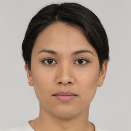 Neutral asian young-adult female with short  black hair and brown eyes