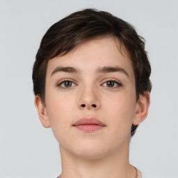 Neutral white young-adult female with short  brown hair and brown eyes