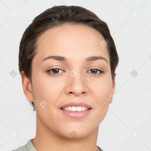 Joyful white young-adult female with short  brown hair and brown eyes