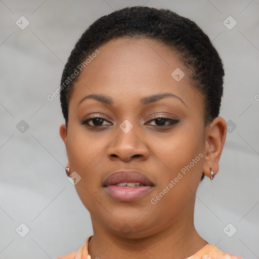 Neutral latino young-adult female with short  brown hair and brown eyes