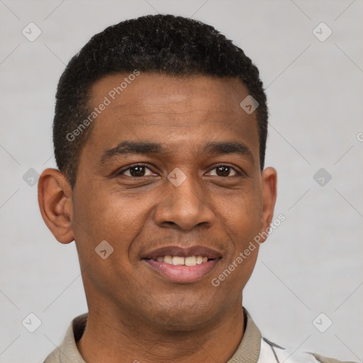 Joyful latino young-adult male with short  brown hair and brown eyes