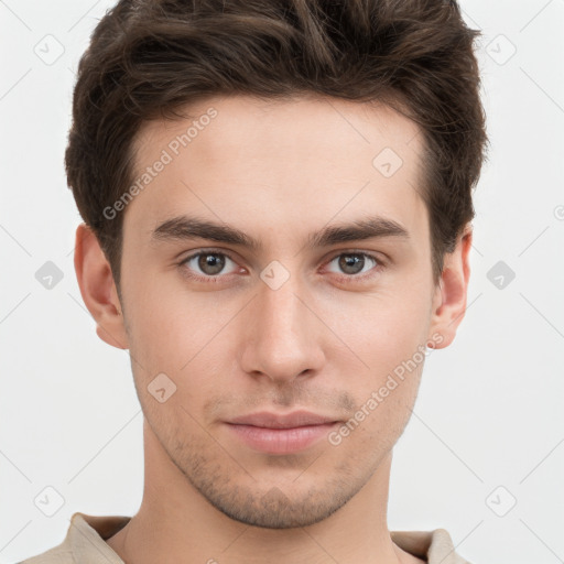 Neutral white young-adult male with short  brown hair and brown eyes