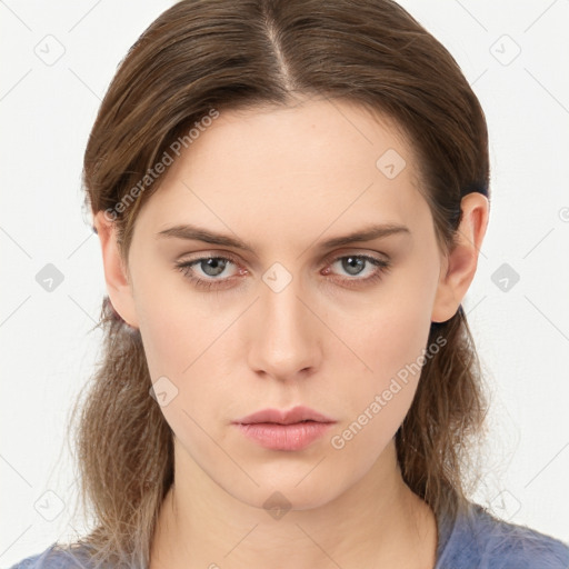 Neutral white young-adult female with medium  brown hair and grey eyes