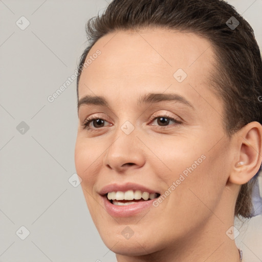 Joyful white young-adult female with medium  brown hair and brown eyes