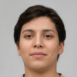 Neutral white young-adult female with short  brown hair and brown eyes