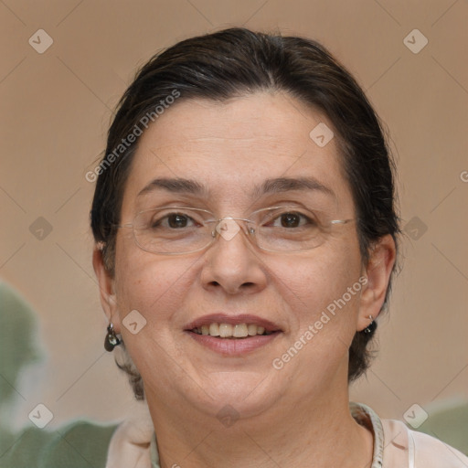 Joyful white adult female with short  brown hair and brown eyes