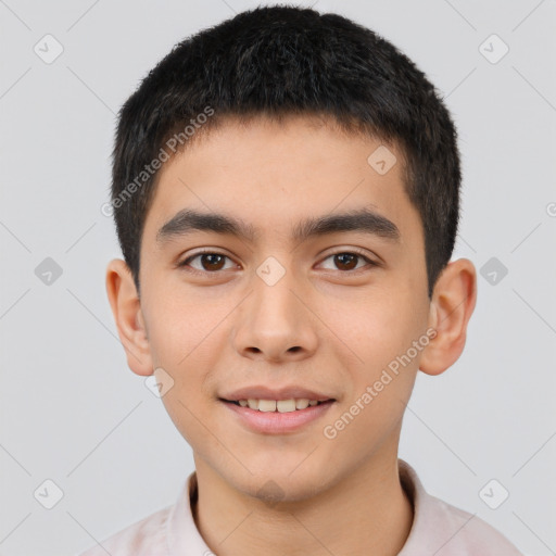 Joyful latino young-adult male with short  brown hair and brown eyes