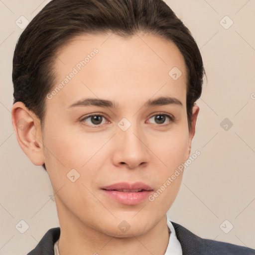 Joyful white young-adult female with short  brown hair and brown eyes