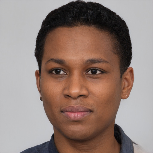 Neutral black young-adult female with short  black hair and brown eyes