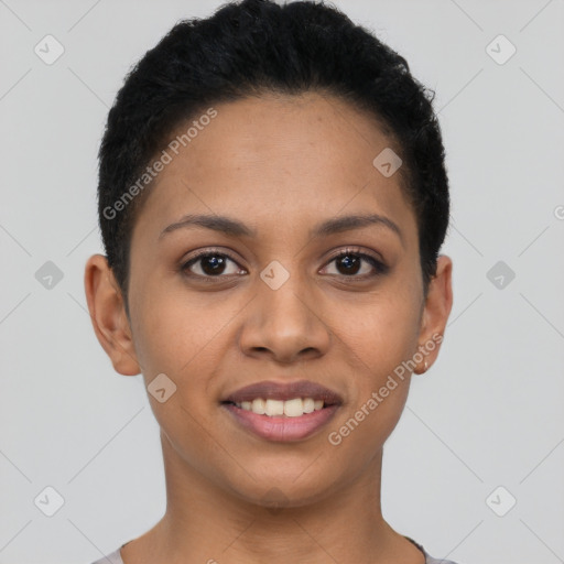 Joyful latino young-adult female with short  black hair and brown eyes