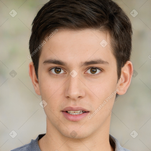 Neutral white young-adult male with short  brown hair and brown eyes