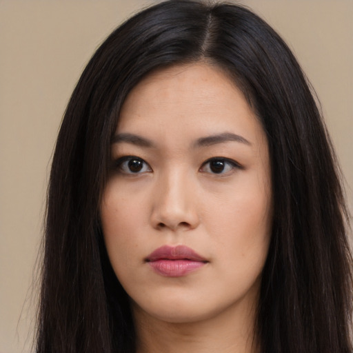 Neutral asian young-adult female with long  black hair and brown eyes