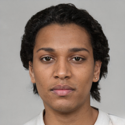 Neutral black young-adult female with short  black hair and brown eyes