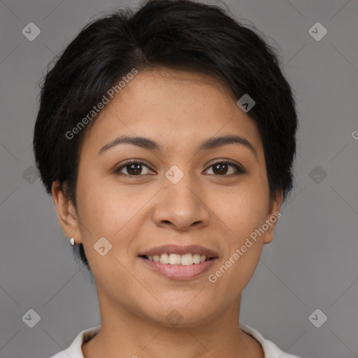 Joyful latino young-adult female with short  brown hair and brown eyes