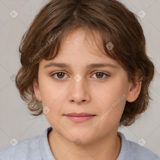 Joyful white child female with medium  brown hair and brown eyes