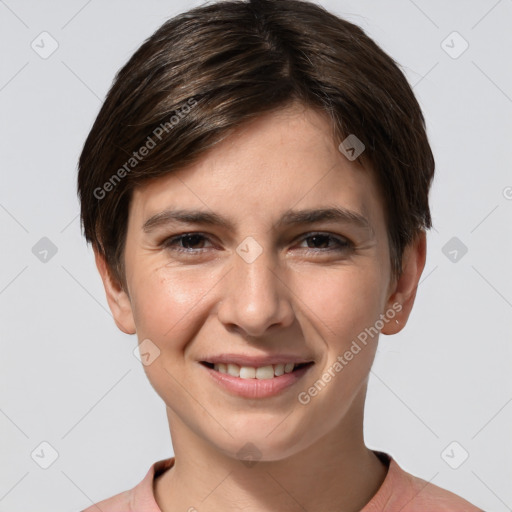 Joyful white young-adult female with short  brown hair and brown eyes