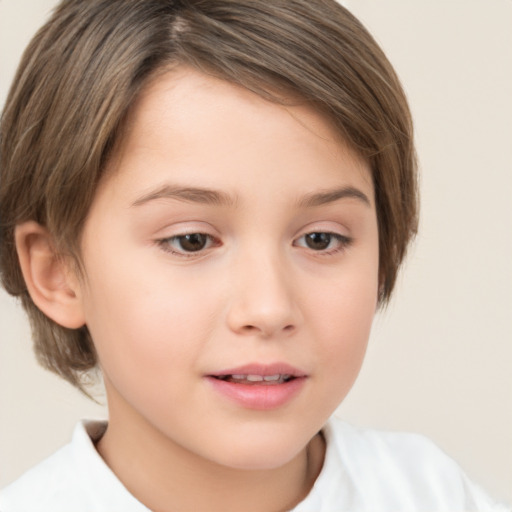 Joyful white child female with short  brown hair and brown eyes