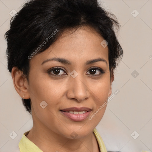 Joyful latino young-adult female with short  brown hair and brown eyes