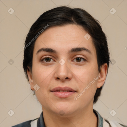 Joyful white young-adult female with medium  brown hair and brown eyes