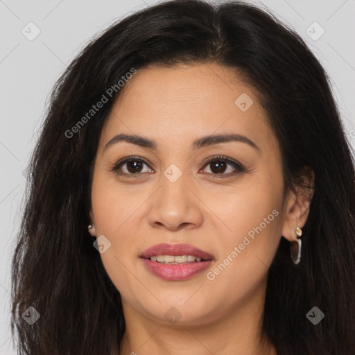 Joyful asian young-adult female with long  brown hair and brown eyes