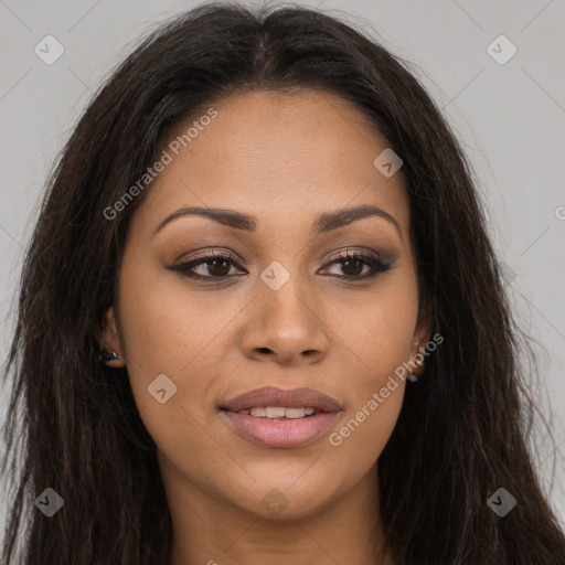 Joyful latino young-adult female with long  brown hair and brown eyes