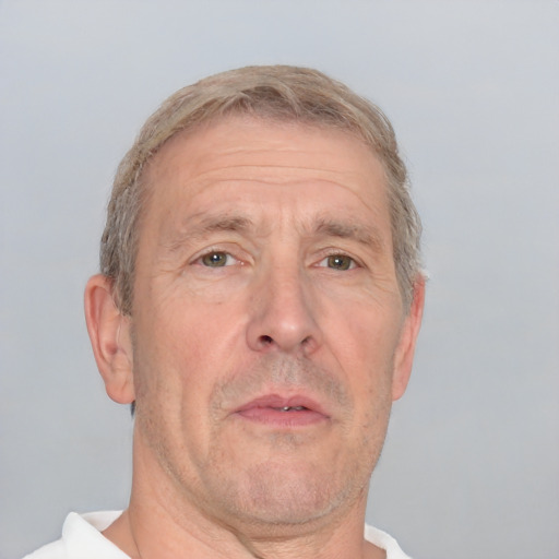 Neutral white middle-aged male with short  gray hair and brown eyes