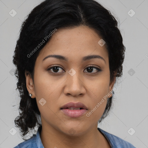 Joyful latino young-adult female with medium  black hair and brown eyes