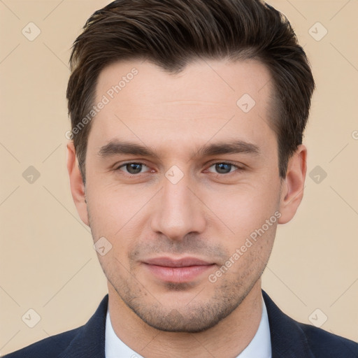 Neutral white young-adult male with short  brown hair and brown eyes