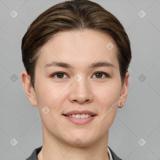 Joyful white young-adult female with short  brown hair and brown eyes