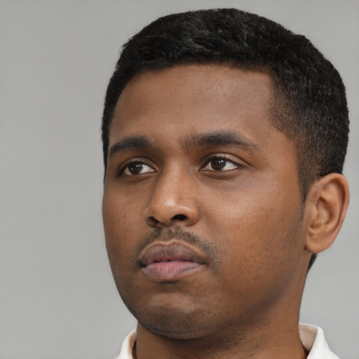 Neutral black young-adult male with short  black hair and brown eyes