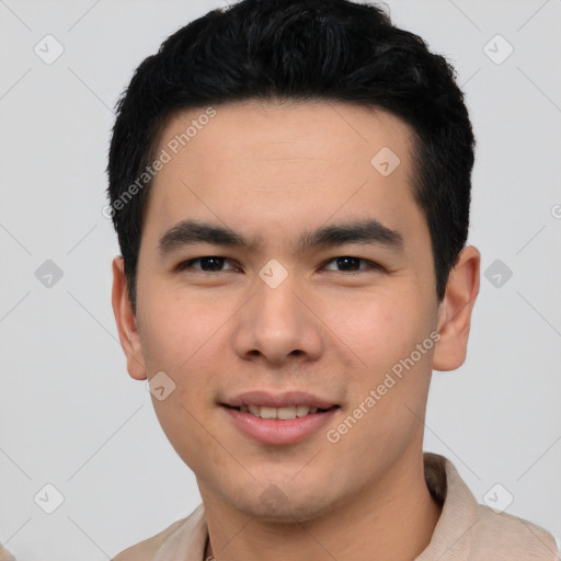 Joyful asian young-adult male with short  black hair and brown eyes