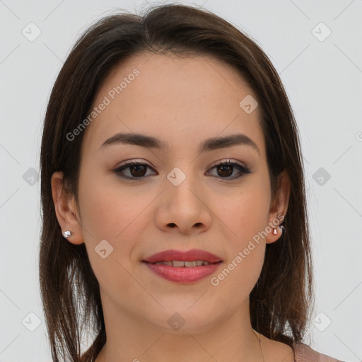 Joyful asian young-adult female with long  brown hair and brown eyes