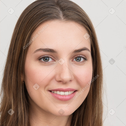 Joyful white young-adult female with long  brown hair and green eyes