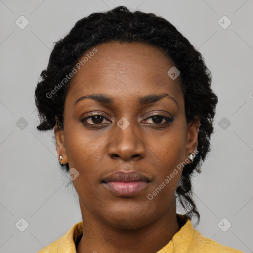 Neutral black young-adult female with short  black hair and brown eyes